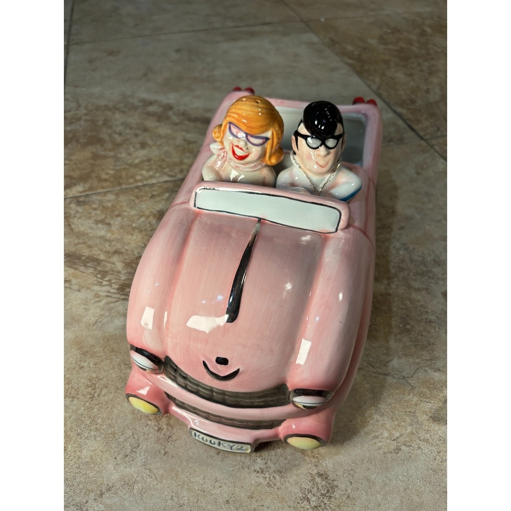 Rare That's Kooky Elvis & Marilyn Monroe Salt Pepper Shakers Pink Cadillac Car